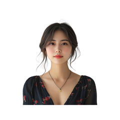 Portrait of a Young Asian Woman with Dark Hair and Floral Dress