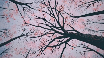 Abstract View of Tree Branches Against a Soft Pink Sky in a Dreamy Landscape