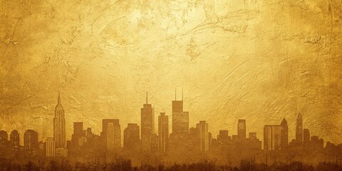 Obraz premium Gold foil skyline texture with dark silhouette cityscape, luxury golden grunge background for urban design, poster, or digital art use