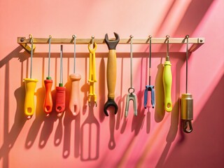 Silhouette of Colorful Tool Handles Hanging on a Rack - Workshop Organization
