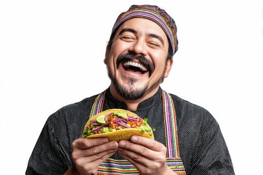 A happy man holds a delicious taco, showing off a smile and enjoying a flavorful meal.
