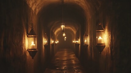 A cinematic shot of a wine cellar hallway fading into darkness, lined with bottles and glowing lanterns