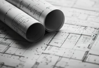 Rolled architectural drawings on an unfolded floor plan with black-and-white lines and construction details.