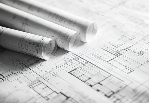 Rolled architectural drawings on an unfolded floor plan with black-and-white lines and construction details.