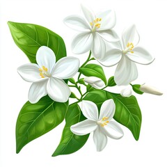 Fototapeta premium Delicate cluster of white blossoms, lush green leaves, and subtle yellow centers. A vibrant botanical illustration of a fragrant flower branch