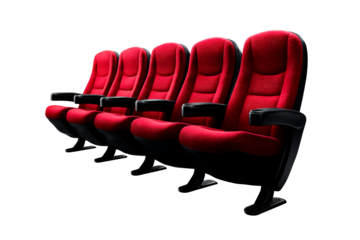 Red theater seats arranged in a row on a transparent background