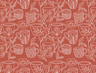 Autumn Tea Cups Seamless Pattern Design	