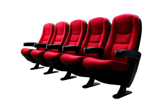 Red theater seats arranged in a row on a transparent background