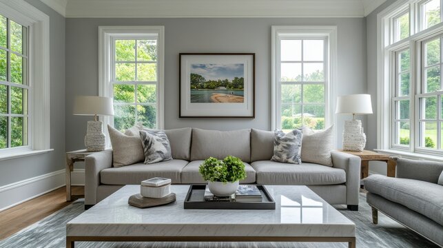 Living Room with Grey Couch and Marble Coffee Table