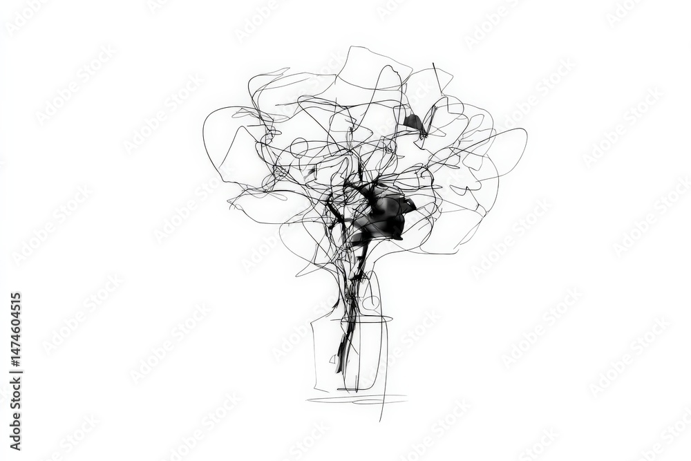 Poster abstract floral arrangement sketch showcasing intricate lines and detailed shapes in a minimalist st