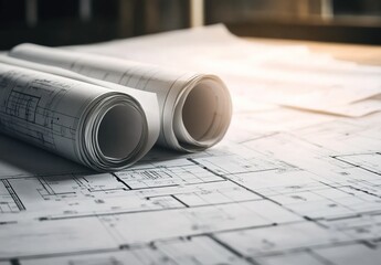 Rolled architectural drawings on an unfolded floor plan with black-and-white lines and construction details.