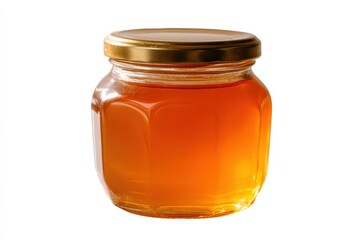 Golden honey in a glass jar.