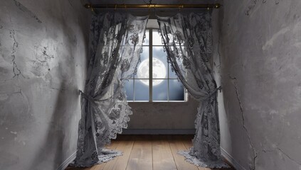Obraz premium Eerie atmosphere with tattered curtain swaying in moonlit room for haunted theme design