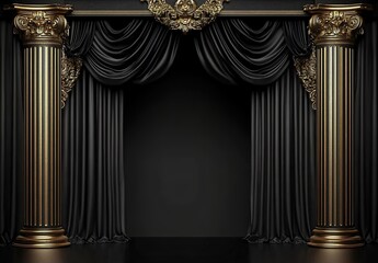 Luxurious stage with black curtains, golden columns, and ornate ceiling decorations.