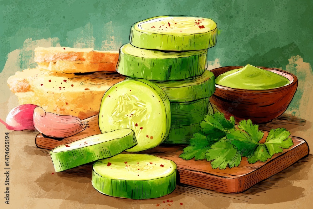 Poster fresh cucumber slices with spices and herbs presented on wooden board in a rustic kitchen setting