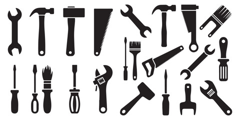 set of black vector various Tool icon Instrument symbol, wrench, hammer, handsaw, paint brush, screwdriver, adjustment wrench silhouettes