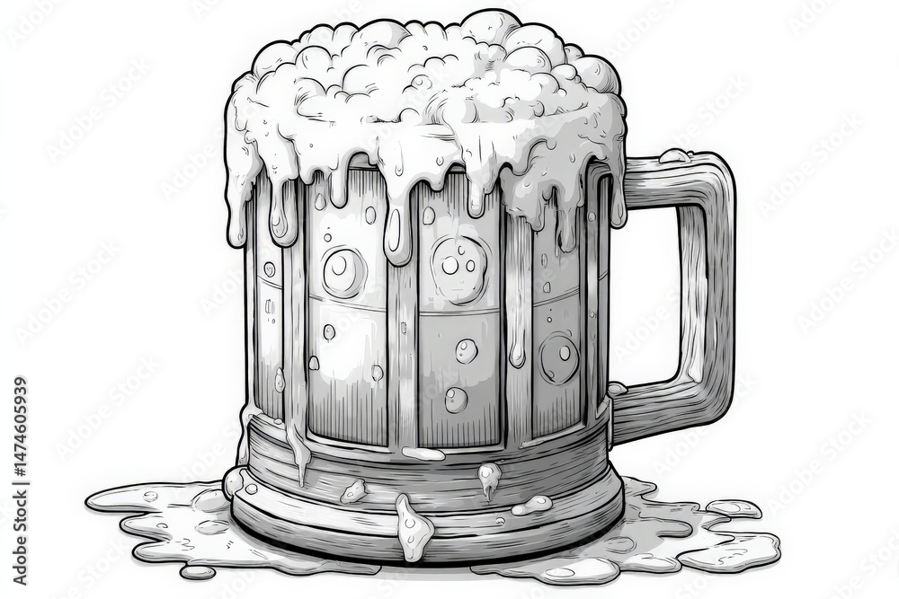 Poster detailed illustration of a frothy beer mug with overflowing foam on a wooden surface at a rustic pub
