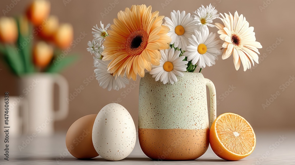 Poster happy easter holiday background colorful eggs and camomile and orange backgound generative ai