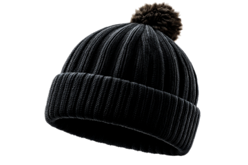 Warm black beanie with pom pom on a transparent background