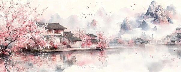 Traditional Chinese water town with white-walled houses, pink blossoms, and misty mountains.
