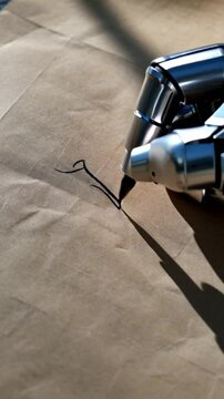 Metallic robot appendage, futuristic precision, inscribing a line on kraft paper with ink pen 