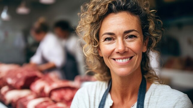 A friendly butcher smiles while standing proudly in front of the meat counter with cuts of meat.