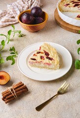 Sliced ​​Kataifi dough pie with curd filling and plums on a white plate on a light concrete background. Plum recipes.
