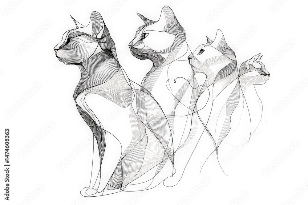 Poster Artistic line drawing of cats showcasing various poses and expressions captured in a creative minimalist style