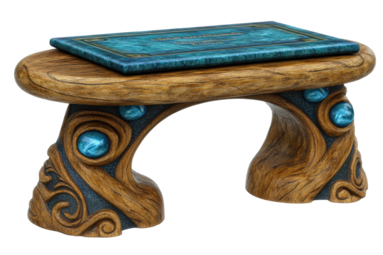 Ornate wooden table with a teal stone top and swirling, gemstone-encrusted legs