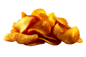 Crunchy potato chips piled on a transparent background