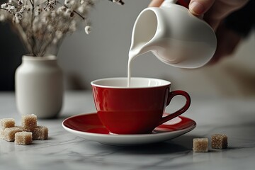 Creamy white liquid poured into a red cup