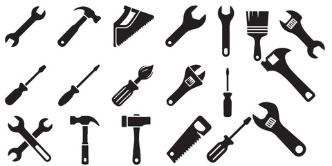 set of black vector various Tool icon Instrument symbol, wrench, hammer, handsaw, paint brush, screwdriver, adjustment wrench silhouettes