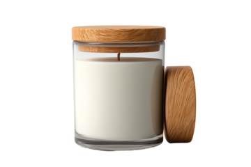 Glass candle jar with wooden lid on isolated white background.