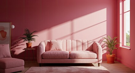 Pink living room interior design with sunlight.