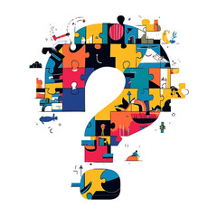 A vibrant question mark made of puzzle pieces, filled with diverse scenes, representing inquiry and solutions.