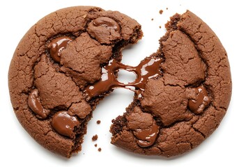 A broken chocolate cookie with melting chocolate inside