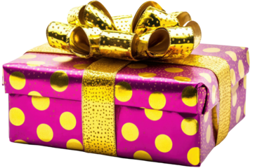 A purple gift box with golden polka dots and bow