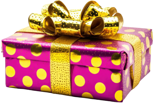 A purple gift box with golden polka dots and bow