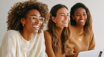 Obraz premium Three happy women share a joyful moment, laughing together in a warm and inviting setting.