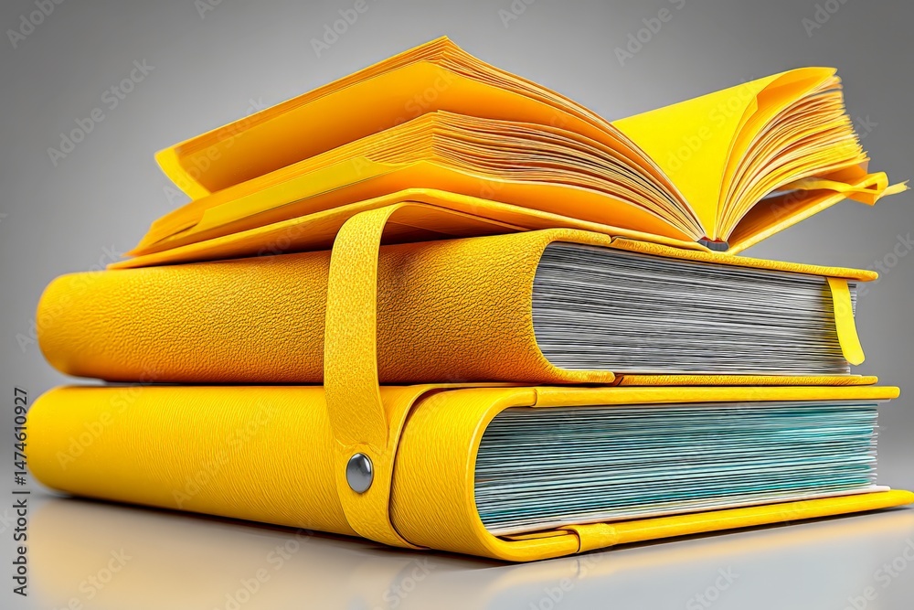 Poster bright yellow folders and books stacked neatly on a surface for an organized study or office environ