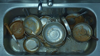 Fototapeta premium Messy kitchen cleanup challenge - overflowing sink with dirty dishes and greasy pans