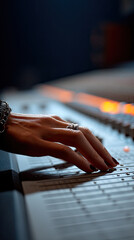 Hand adjusting sound mixer in studio