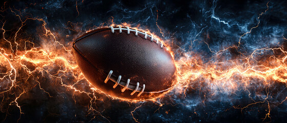 Dynamic american football surrounded by fiery lightning and flames, set against a dark, stormy background. Banner for sports competition.
