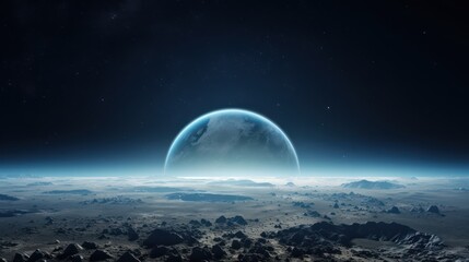 A vast, dark expanse of space with a blue planet in the center, surrounded by stars and a few distant planets.