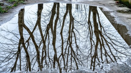 Stunning Reflection of Bare Trees in a Puddle on a Gloomy Day in the Park