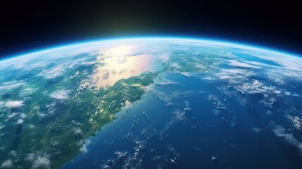 Fototapeta premium The Earth's surface, with the horizon visible, showing the continents and oceans, with a blue and green color scheme.