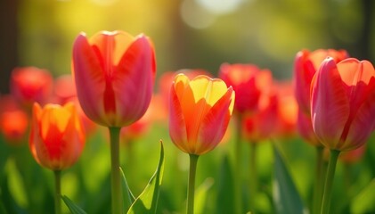 Obraz premium Vibrant tulips blooming in a spring garden, bathed in sunlight , bloom, flora