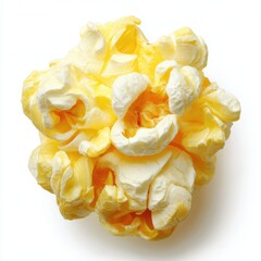 Closeup shot of crunchy popcorn on white background, single popped corn kernel on white, Single popcorn close-up on clean background, Popcorn isolated on white, Single popcorn snack isolated on white