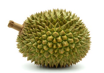 A single durian fruit with its spiky outer shell shown