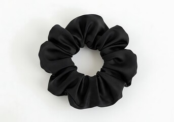 A black scrunchie on a white surface close up view